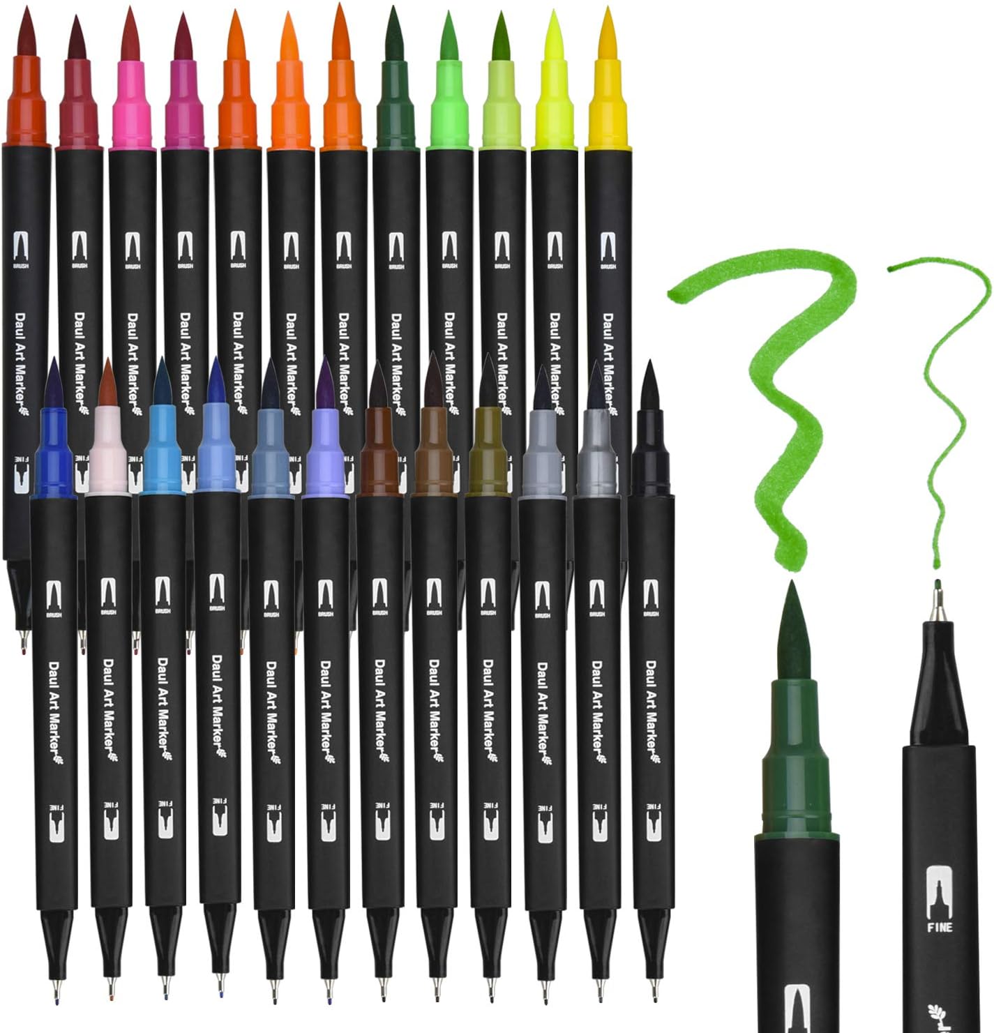 Dual Brush Pen Set, 24 Farben Doppelfasermaler, Tinte auf Wasserbasis Doppelfilzstifte Für Aquarell Watercolo Bullet Journal Handlettering Kalligraphie Manga, Fasermaler[1-2 mm] und Fineliner[0,4 mm]