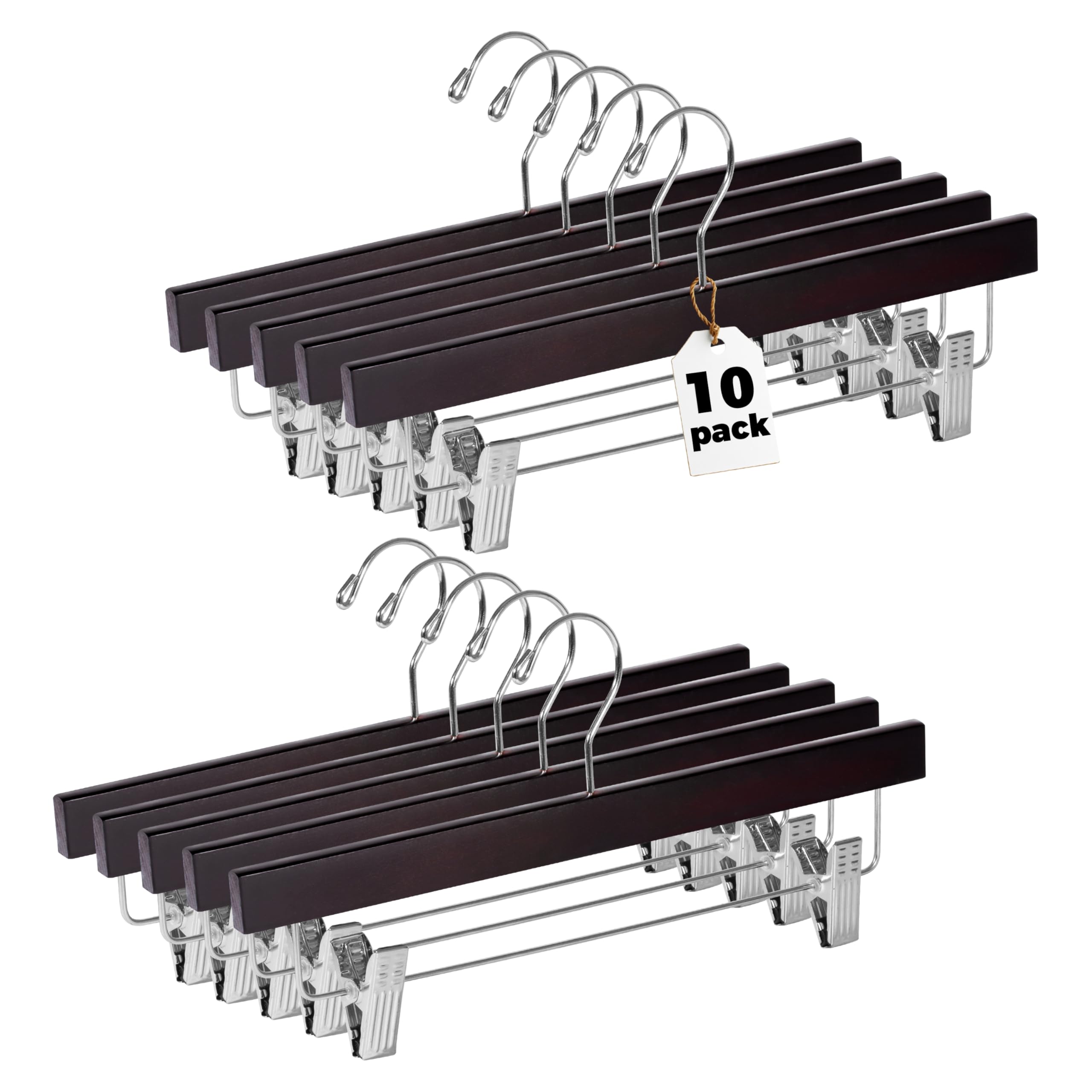 Quality Hangers Wooden Pants Hangers - 10-Pack Swivel Hook Cloth Hanger Set - Lotus Wood Skirt, Pant, Shorts and Slack Hangers with Adjustable Clip – Mahogany Clothing Hanger (Mahogany, 10)
