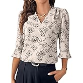 EVALESS Work Tops for Women Trendy 2026 Spring Summer Pleated V Neck 3/4 Sleeve Blouses Dressy Casual Khaki 2XL