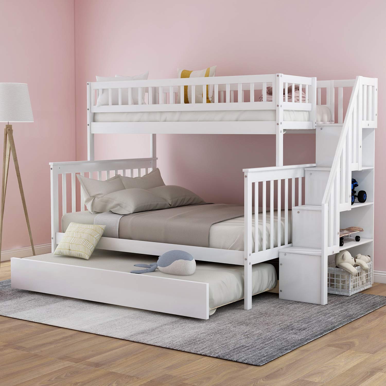 Twin Over Full Bunk Bed with Trundle and Staircase, Baysitone Solid Wood Bunk Bed Frame with 4 Storage for Kids, No Box Spring Needed (White)