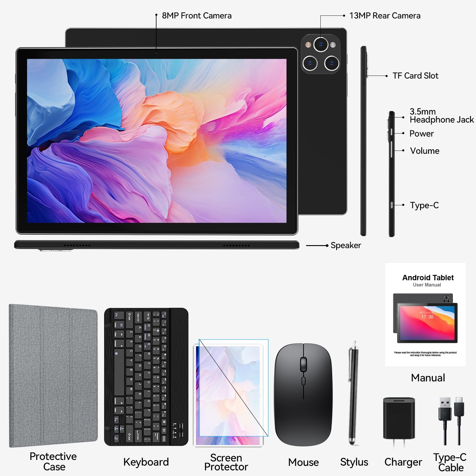 Tablet, 10 Inch Android Tablet with 128GB ROM, 16GB RAM(Up to 2 TB), Octa-Core Processor, 5G WiFi Tableta, with Keyboard Mouse Case, 13MP+8MP Camera, IPS Touchscreen 8H Battery, Black