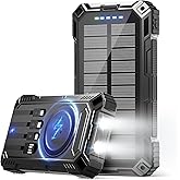 jskei Power Bank 49800mAh Solar Portable Charger Wireless Charging USB-C 15W Fast Charging with 4 Built-in Cables LED Flashlight Battery Pack Compatible with iPhone, iPad, Perfect for Camping,Hiking