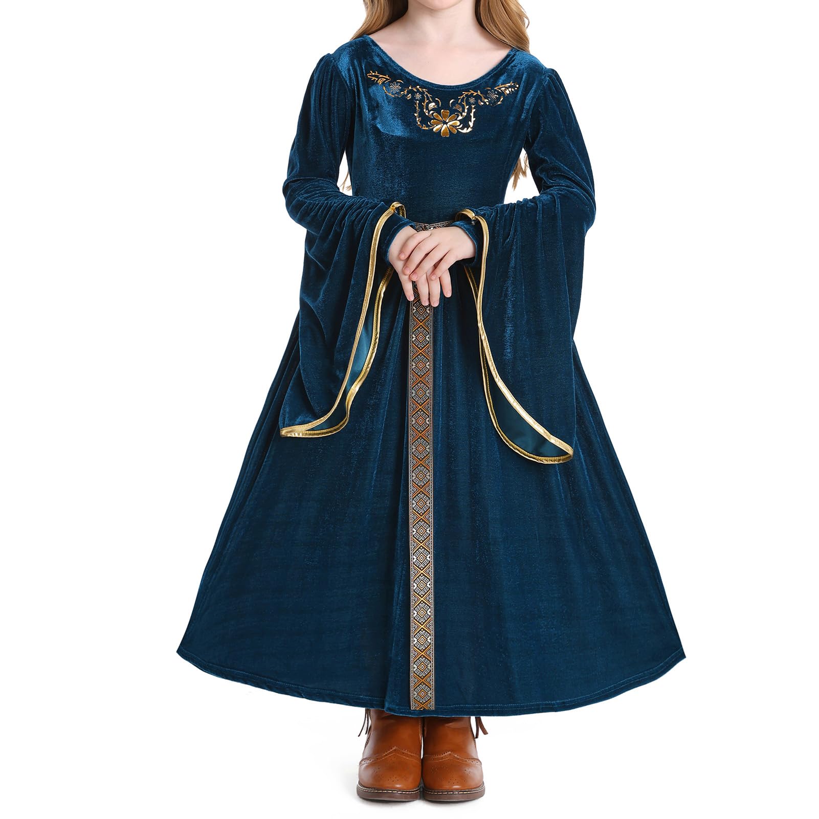 IBAKOM Girls Princess Dress Medieval Renaissance Cosplay Costume Retro Velvet Dress Kids Royal Fancy Dress Up with Belt Blue 5-6 Years