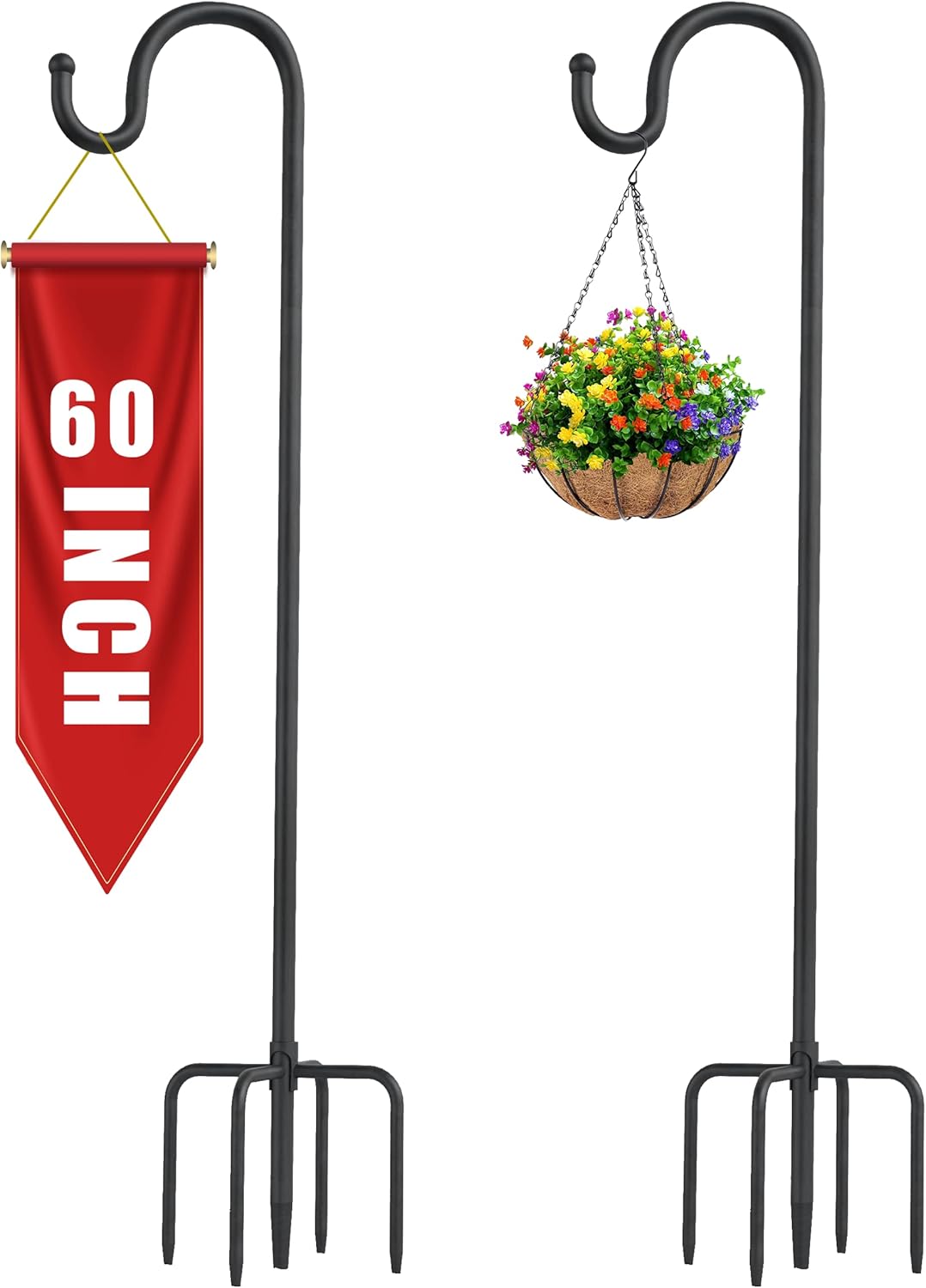 Outdoor Shepherd's Hooks - Shepards Hooks for Outdoor, 2PCS 60 Inch Bird Feeder Pole with 5 Prongs Bird Feeder Plant Stand Adjustable Tall Heavy Duty Shepherds Hook for Hanging Plant Baskets, Solar Light, Wedding Decor, Lantern