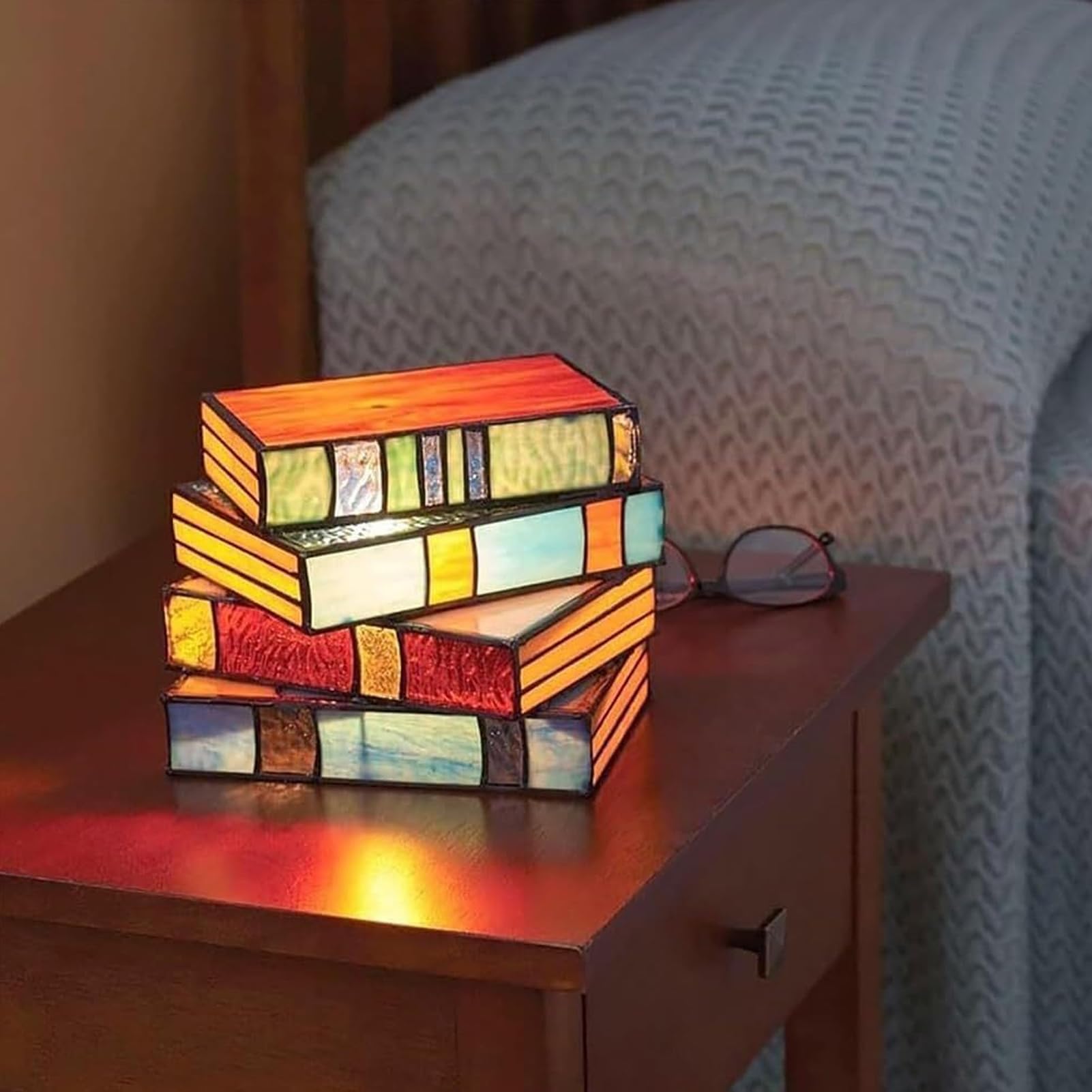 Elprico Stained Glass Book Lamp,Vintage Style Soft Lighting Stacked Books Table Lamp for Bedroom, Unique Nightstand Desk Lamp