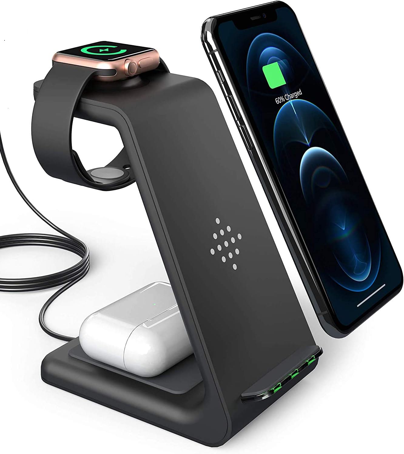 3 in 1 Wireless Charger Fast Charging Station Stand Dock compatible with iPhone 13 12/12 Pro/12 Pro Max/11/11 Pro/XS Max/XR/8/8 Plus,iWatch SE/6/5/4/3/2,Qi-Enabled Phones (Black)