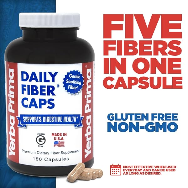 YERBA PRIMA DAILY FIBER CAPS – 180 CAPSULES, (PACK OF 4) – SOLUBLE & INSOLUBLE DIETARY FIBER SUPPLEMENT – COLON CLEANSE – GUT HEALTH – VEGAN, NON-GMO, GLUTEN-FREE