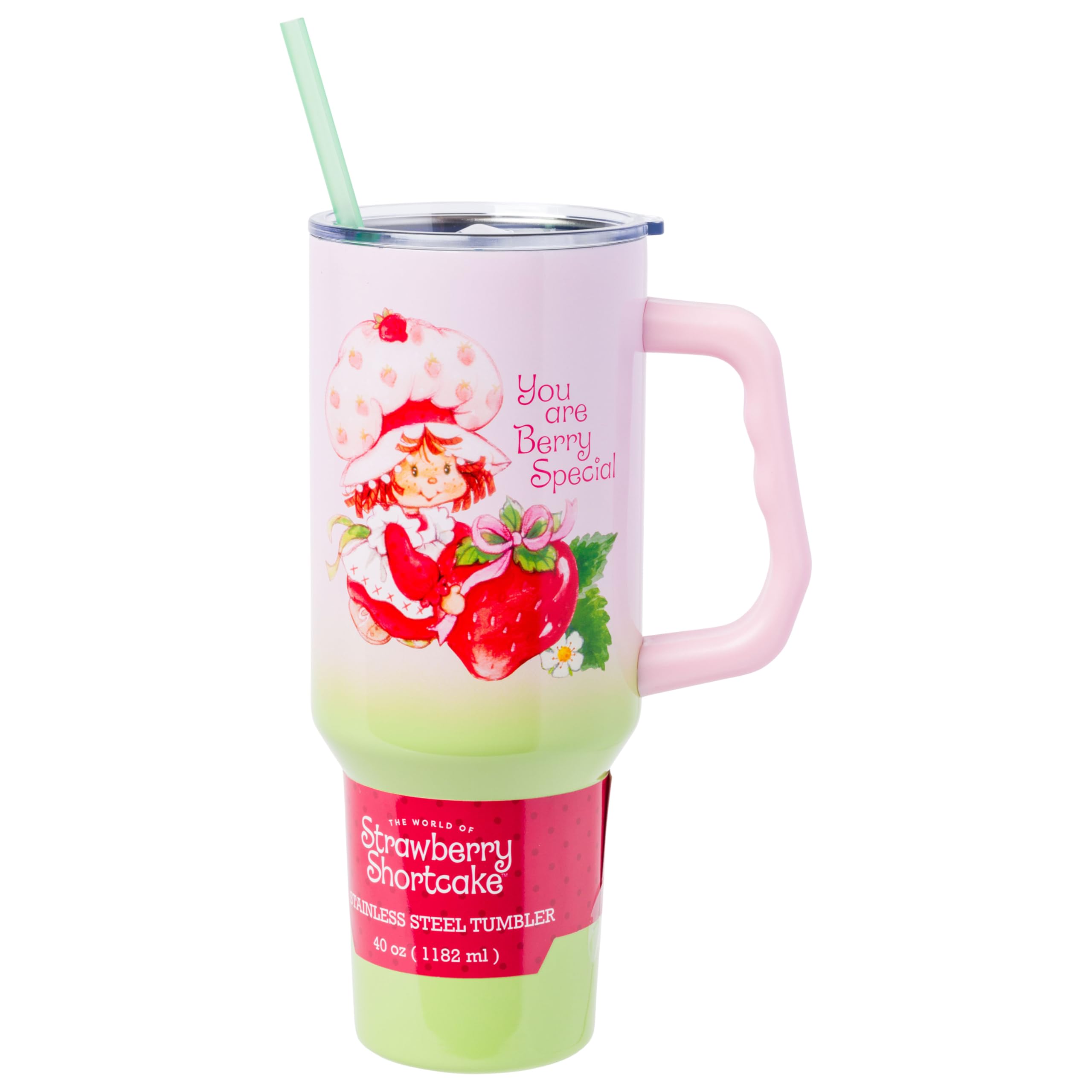 Silver Buffalo Strawberry Shortcake You Are Berry Special Vintage Stainless Steel Tumbler with Handle and Straw, Fits in Standard Cup Holder, 40 Ounces