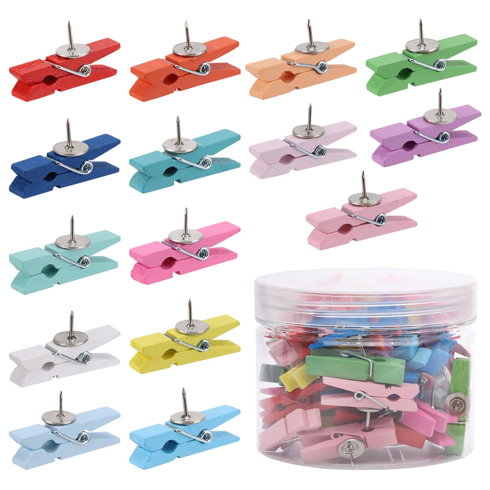 Push Pins With Wooden Clips 50Pcs Wooden Clip Thumbtack for Cork Board Arts Projects Photo Supplies(Colorful)