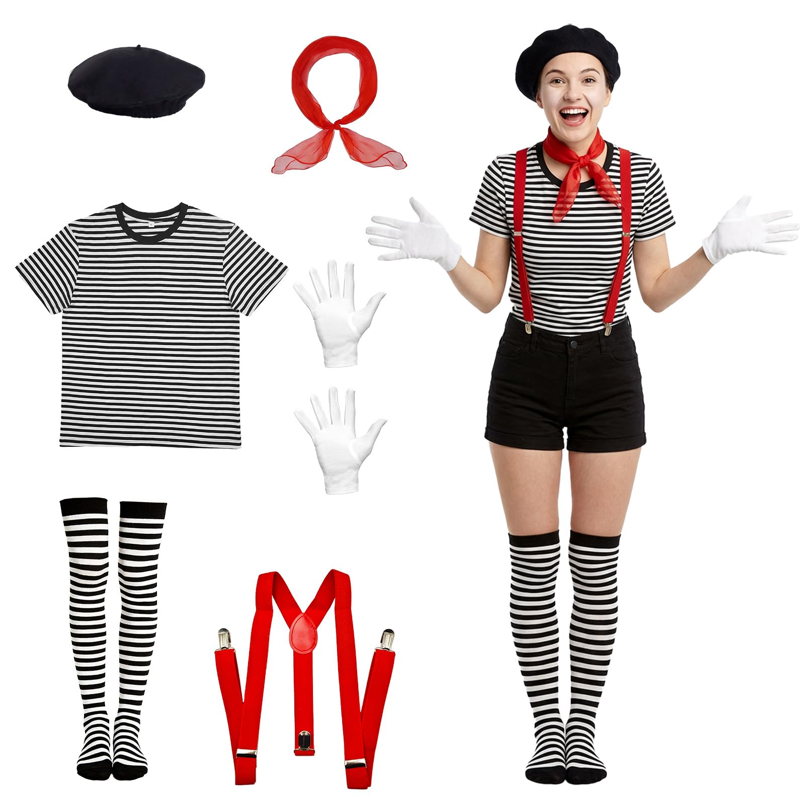 6 Pcs Mime Costume Set Women Men, Pantomime French Fancy Dress Mime Artist World Book Day Costume, Pantomime Joker Kit with French Beret Scarf Gloves Stockings Suspenders Black and White Striped Top