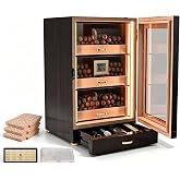 Woodronic Cigar Humidor, Spanish Cedar Cigar Humidor Cabinet with LED Light, Magnetic Door, Accurate Digital Hygrometer, Dividers and Cigar Accessory Drawer, Gift for Men（100-150 Cigars）