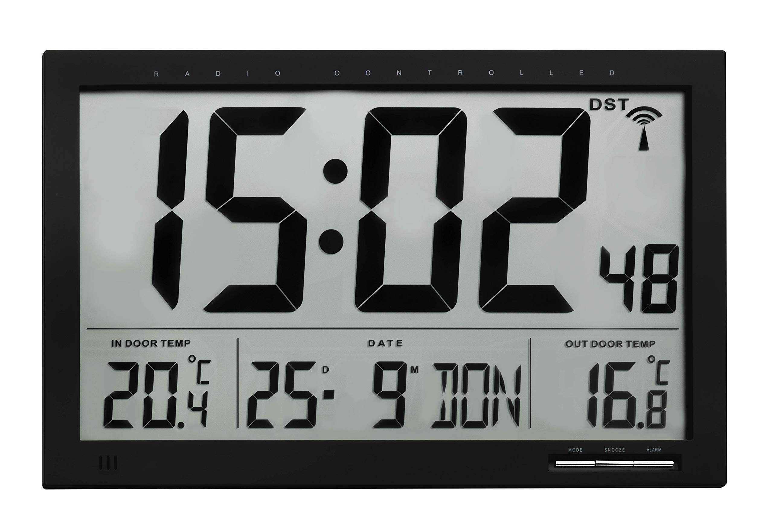 TFA Dostmann 60.4510.01 Digital XL Radio-Controlled Clock with Outdoor and Indoor Temperature Wall Clock Easy to Read Black 60.4510 L 370 x W 29 (90) x H 230 mm