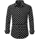 WDIRARA Men's Polka Dots Button Front Long Sleeve Collar Shirt Casual Tops
