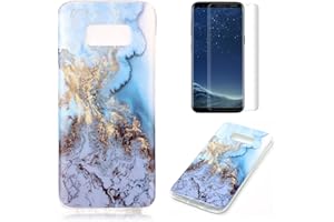 for Samsung Galaxy S8 Marble Case with Screen Protector,OYIME Creative Glossy Blue & Gold Marble Pattern Design Protective Bu