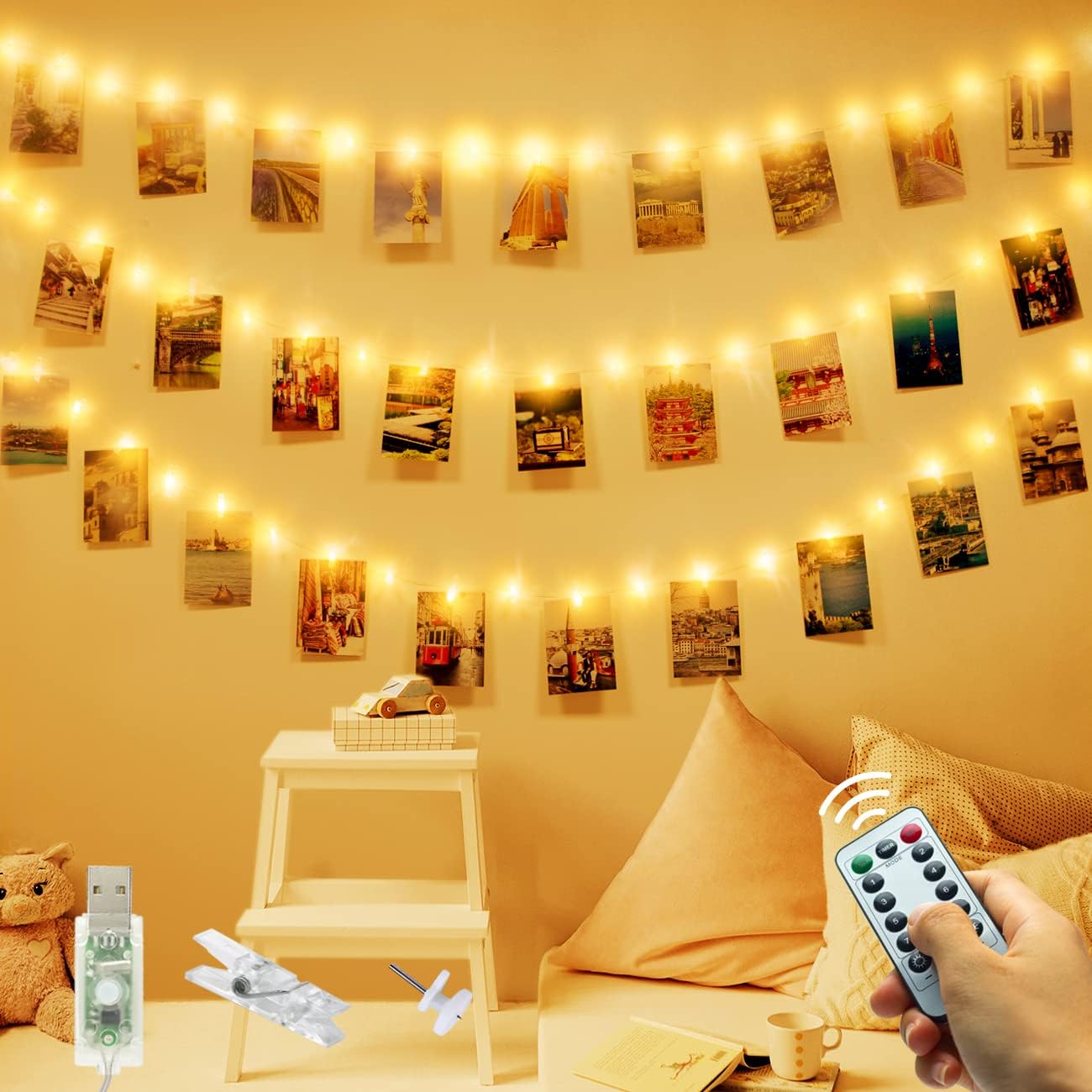 120 LED Photo Clip String Lights, USB Plug in Remote Control with 8 Modes Photo Peg Fairy Lights with 60 Clips & 20 Nails Hanging String Photo Frames Decoration for Bedroom Wedding Party Birthday