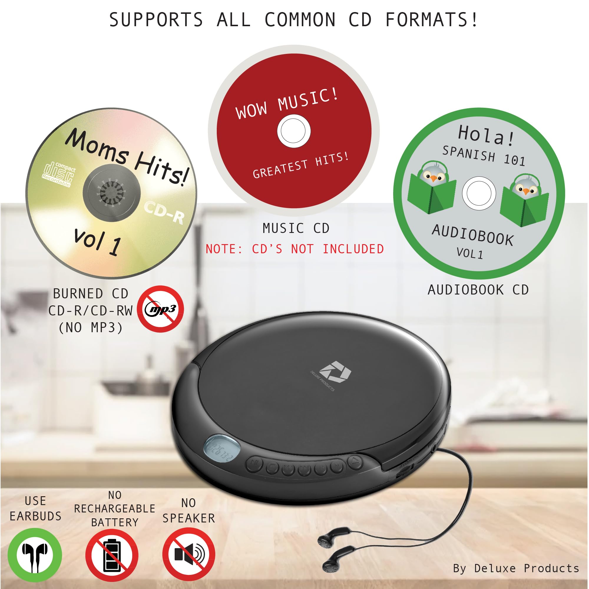 CD Player Portable with 60 Second Anti Skip, Stereo Earbuds, Includes Aux in Cable and AC USB Power Cable for use at Home or in Car