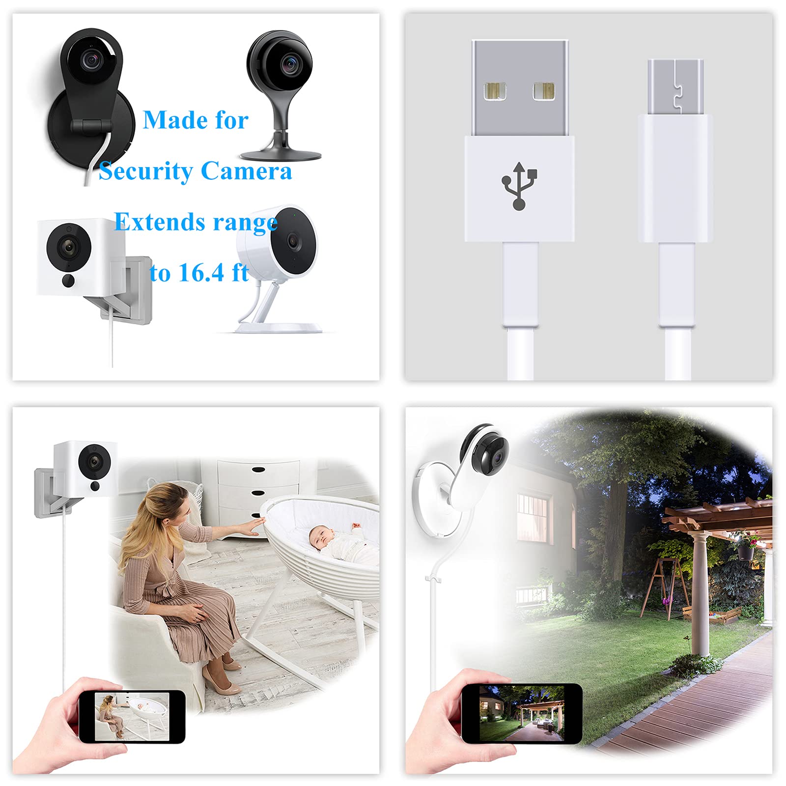 FASTSNAIL 16.4FT Power Extension Cable for WyzeCam/WyzeCam V3/ WyzeCam Pan/Wyze Cam Pan V2/ KasaCam/NestCam Indoor/Yi Cam/Furbo Dog,USB to Micro USB Charging and Data Sync Cord