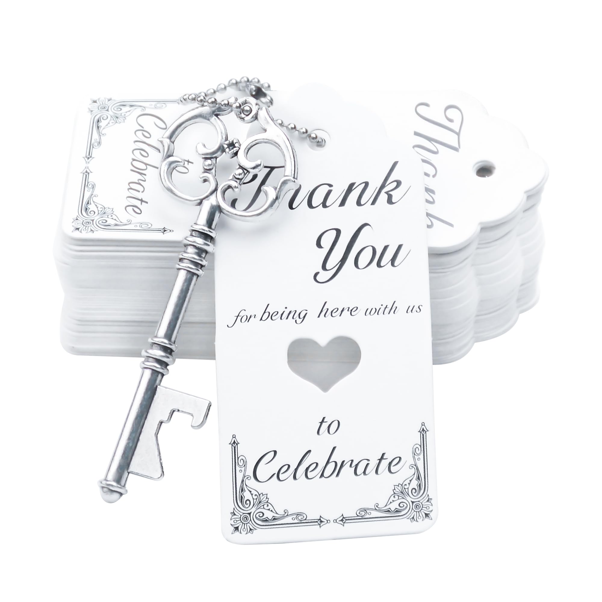 Aokbean 52pcs Vintage Skeleton Key Bottle Opener Rustic Wedding/Party Favors Guest Souvenir Gift Set with Escort Thank You Tag Card and Keychain(Antique Silver)
