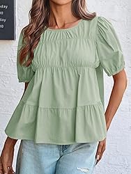 Tankaneo Womens Puff Sleeve Peplum Babydoll Tops
