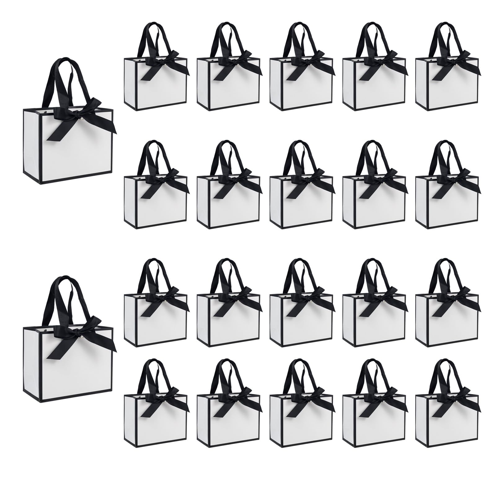 Photo 1 of TKSBAG 50 PCS Small White Black Gift Bags with Handles, 6.4×3.1×5.1 Inch Thank You Bags with Bow Ribbon for Baby Shower, Bridal Shower, Wedding, Party Favors, Thanksgiving, Christmas