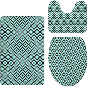 Juego de 3 alfombras de baño de color verde azulado y blanco abstracto