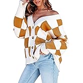 Dokotoo Womens Plaid V Neck Button Down Long Sleeve Cable Knit Oversized Cardigan Sweaters Tops