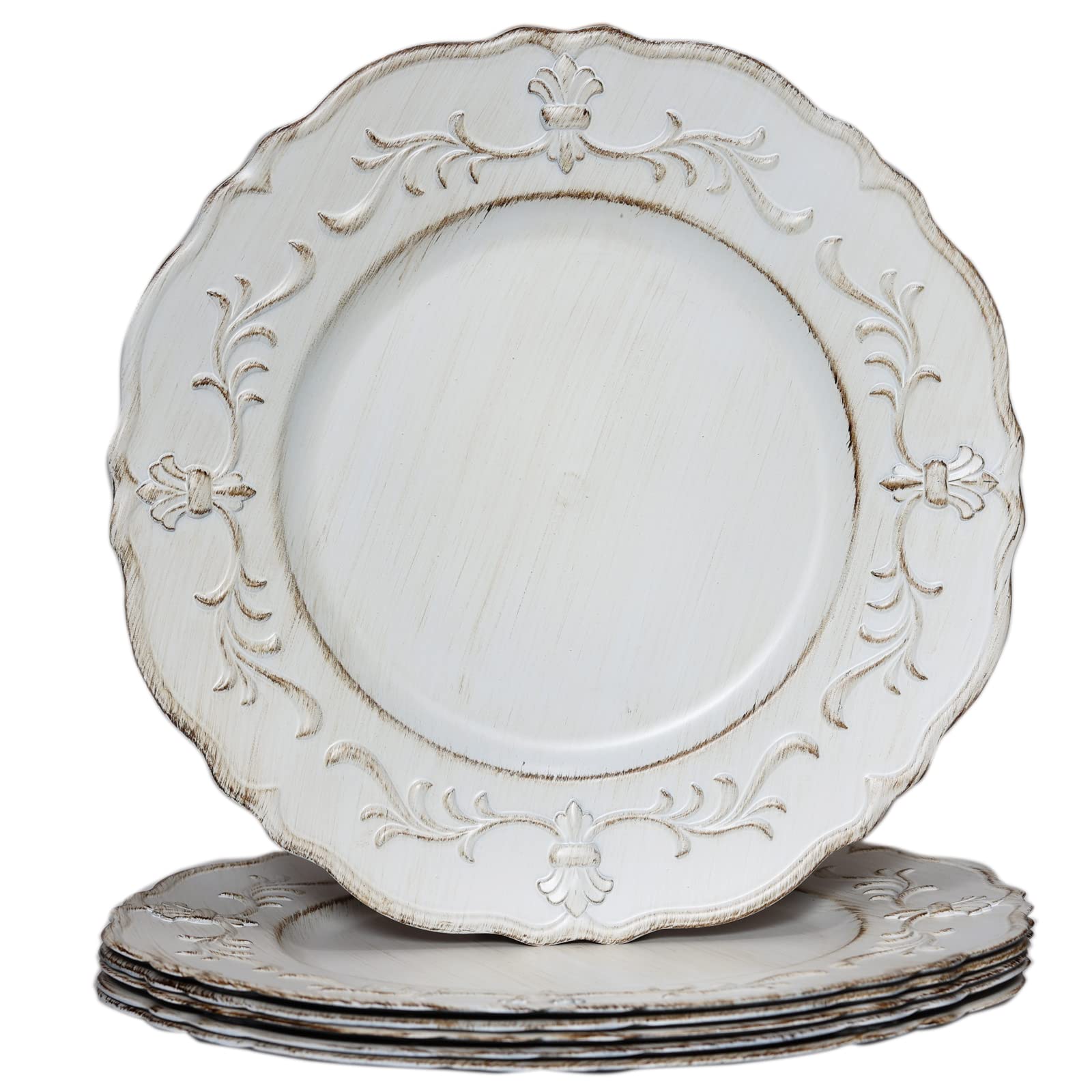 Photo 1 of Spsyrine White Antique Charger Plate, 13" Embossed Plastic Table Plate Chargers for Dinner, Set of 6 Elegant Decorations for Wedding, Dining, Party Events.