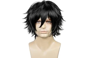 LABEAUTÉ Short Black Anime Cosplay Wig Male Men Anime Layered Unisex Heat Resistant Hair Wig with Bangs for Party and Halloween for Gift + Free Cap