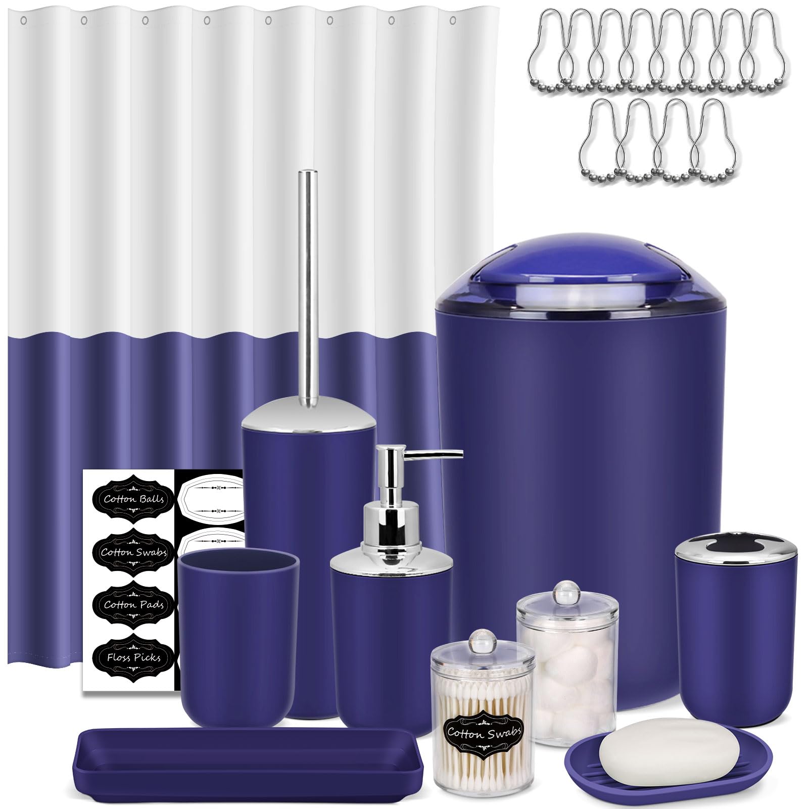 Photo 1 of IMAVO Bathroom Accessories Set,Blue Bathroom Set,22 Pieces Bathroom Accessory Set with Shower Curtain,Qtip Holders,Toilet Brush,Trash Can for Bathroom Décor and Home Gifts