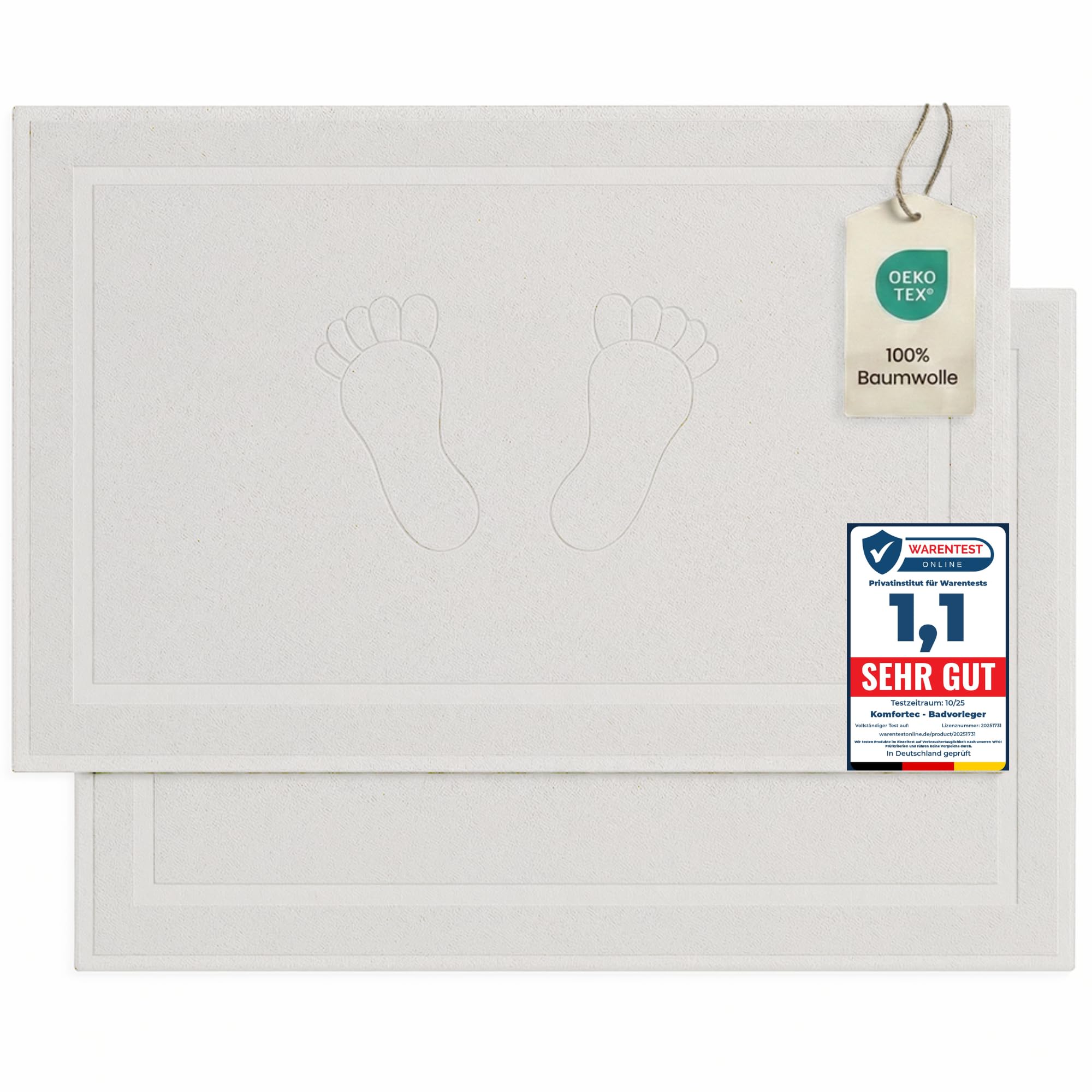 Komfortec Bath Mat 2 pcs,%100 Coton & 800 g/m², Washable, Absorbent, Quick Drying, 50 x 80 cm, White