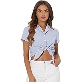 Allegra K Women's Striped Button Up Lapel Collar Top Short Sleeve Tie Front Crop Shirt