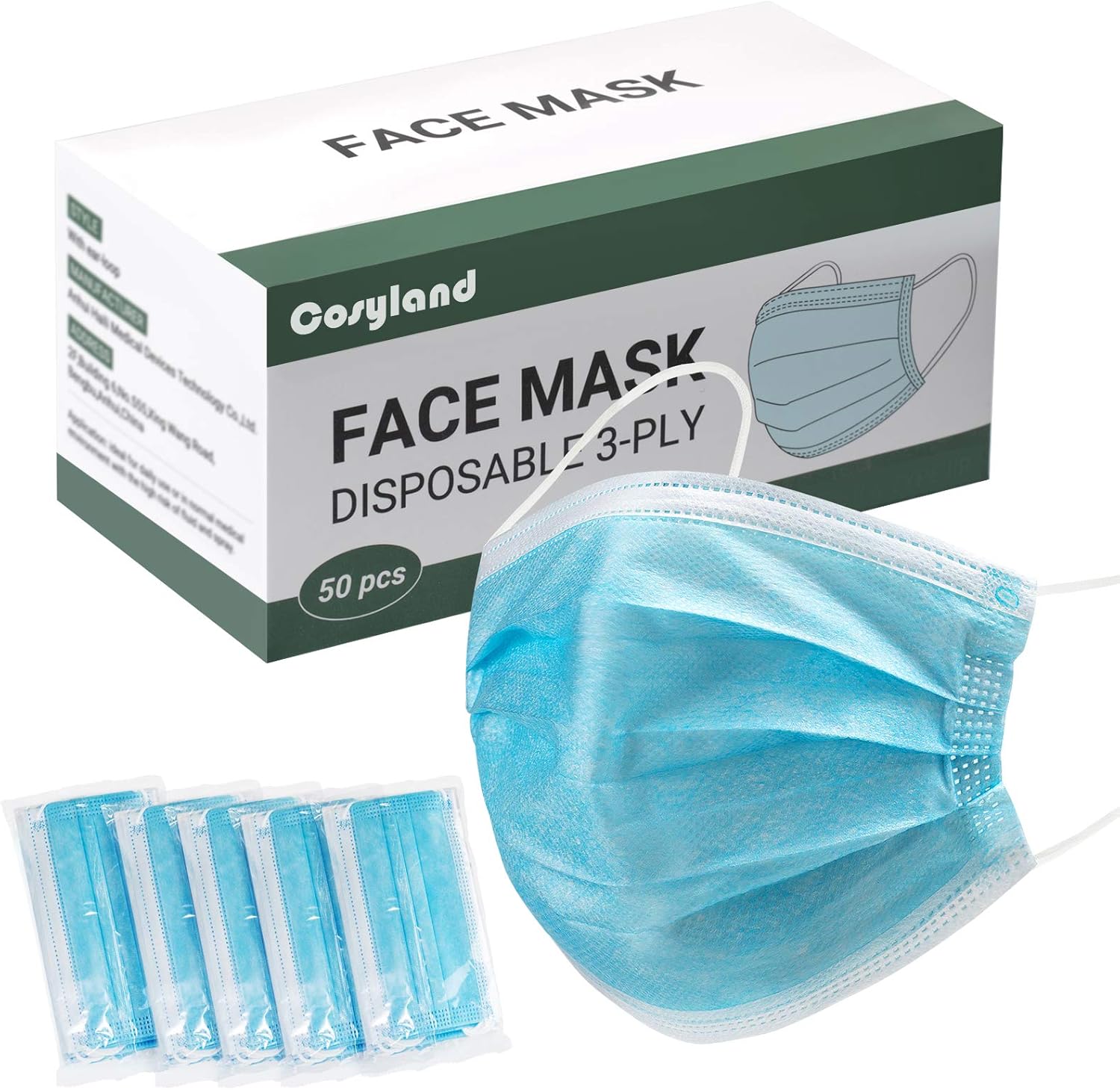 50PCS Blue Disposable Face Masks, 3Ply Breathable Facial