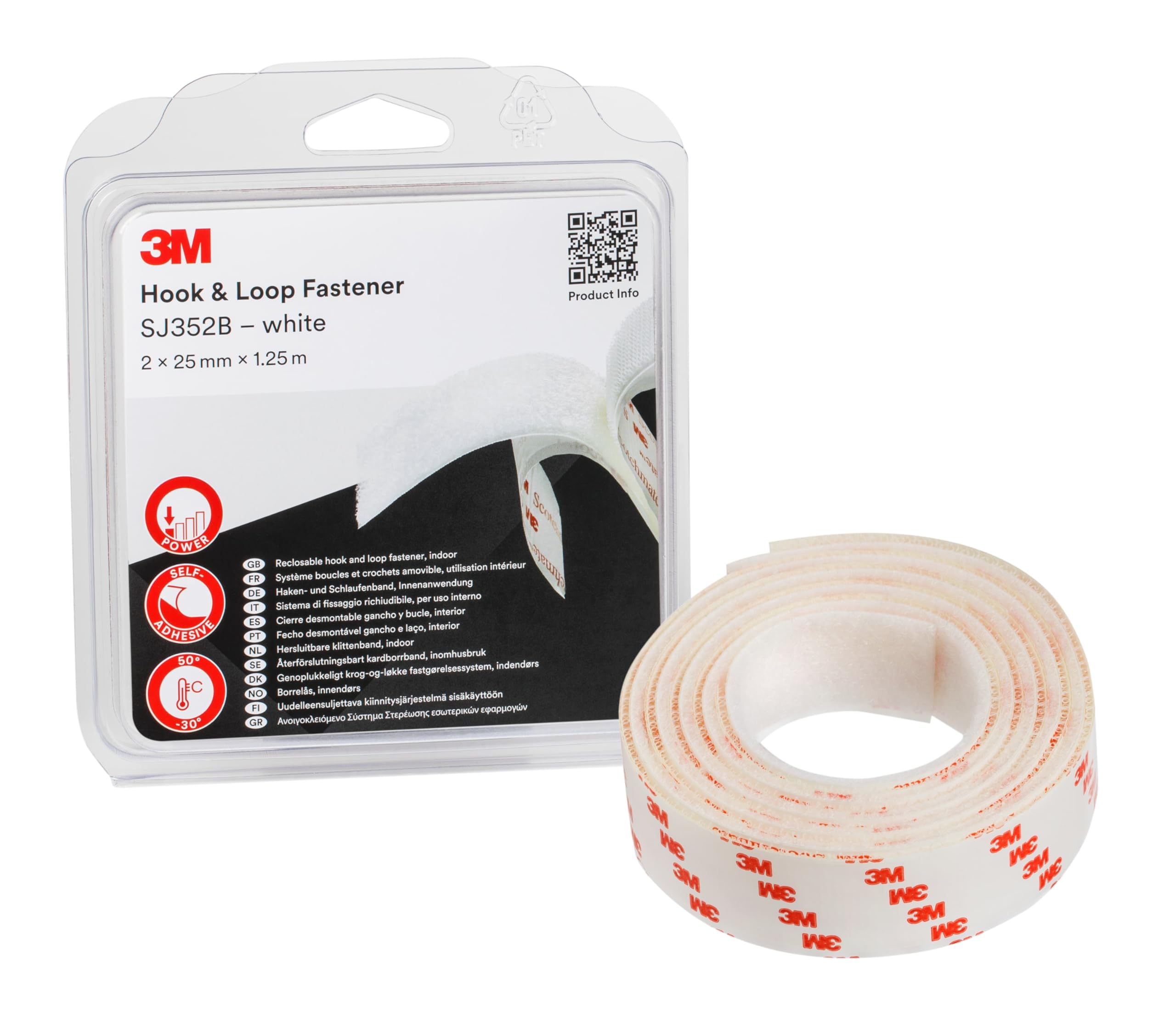 3M Hook & Loop Reclosable Fastener SJ352Bwt - offers a simple alternative to zips, screws, snaps, hooks, bolts and more - best suited for indoor use - 2 x 25mm x 1.25m, White (1 Blisterpack)