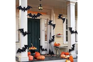 Pawliss Halloween Decorations Outdoor: 10Pcs Hanging Bats Stickers Wall Decals Window Sticker, Large 3D Bats with glitter Removable Halloween Yard Front Door Porch Decoration Party Gothic Decor Indoor