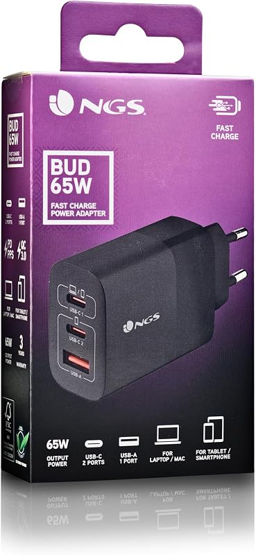 Carregador de parede Bud 65W - 65W GAN, 3 portas: 2 USB-C + USB-A
