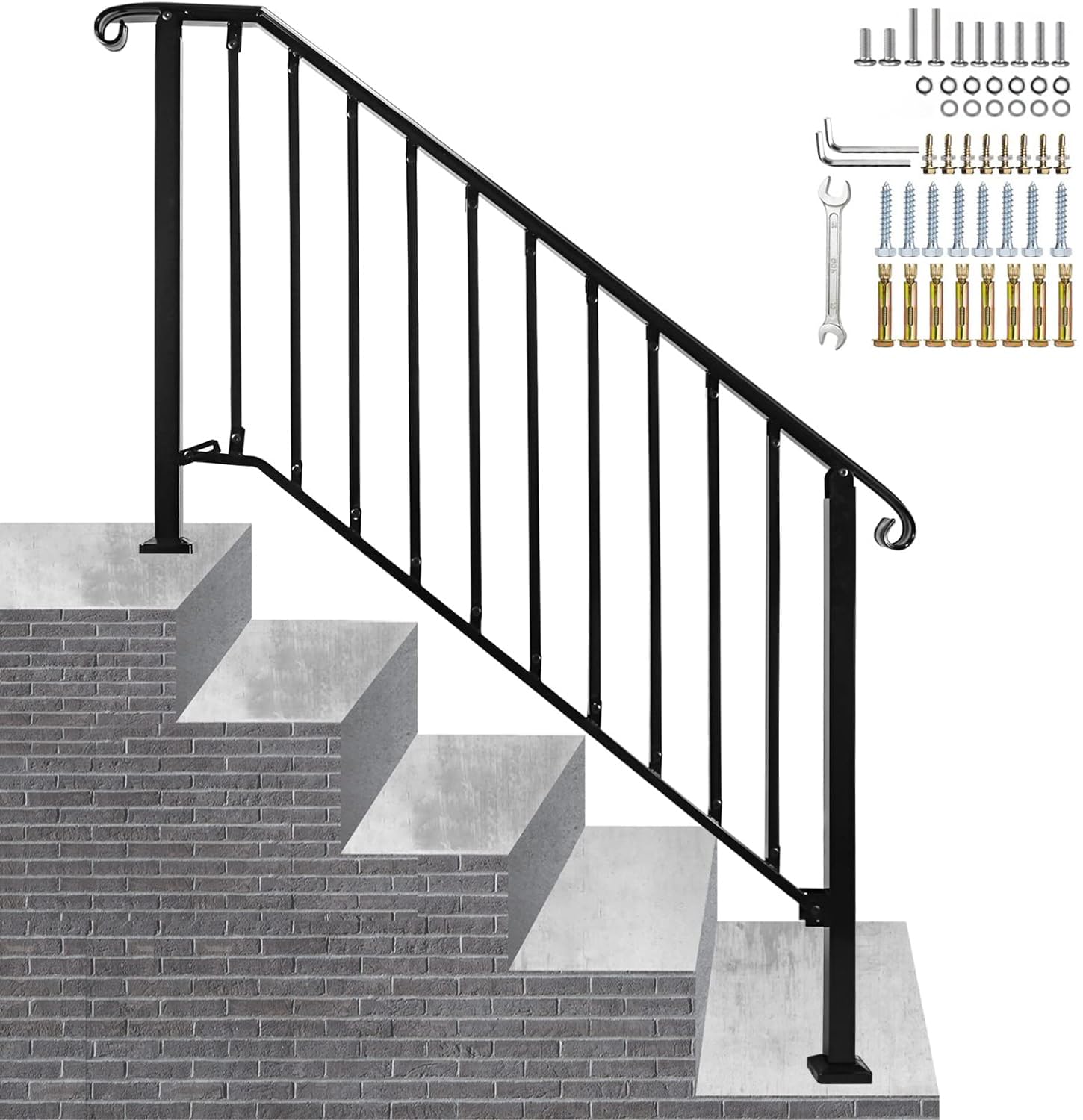 Photo 1 of Zwinz Adjustable Handrails for Outdoor Steps, Handrail Picket #4 Fits 4 or 5 Steps, Mattle Wrought Iron Handrail, Stair Rail with Installation Kit for Outdoor Steps