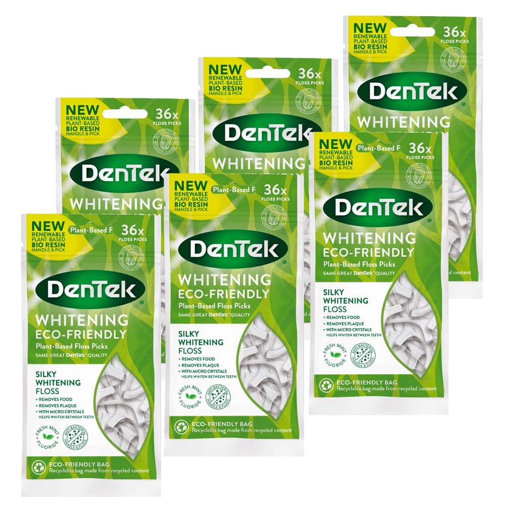 DenTek Eco-Friendly Whitening Floss Picks with Silky and Anti-Bacterial Floss, with Micro Crystals, Helps Whiten Between Teeth, 36 Count x 6 packs (216 Picks)