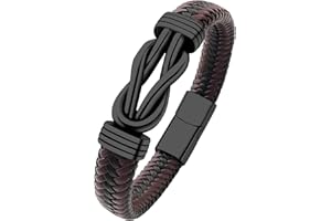 Oaldilee Mens Black Braided Leather Bracelet, Green/Red/Brown/Black Braided Leather Infinity Knot Bracelets for Men with Stainless Steel Clasp, 7.5/8.5/9in Length