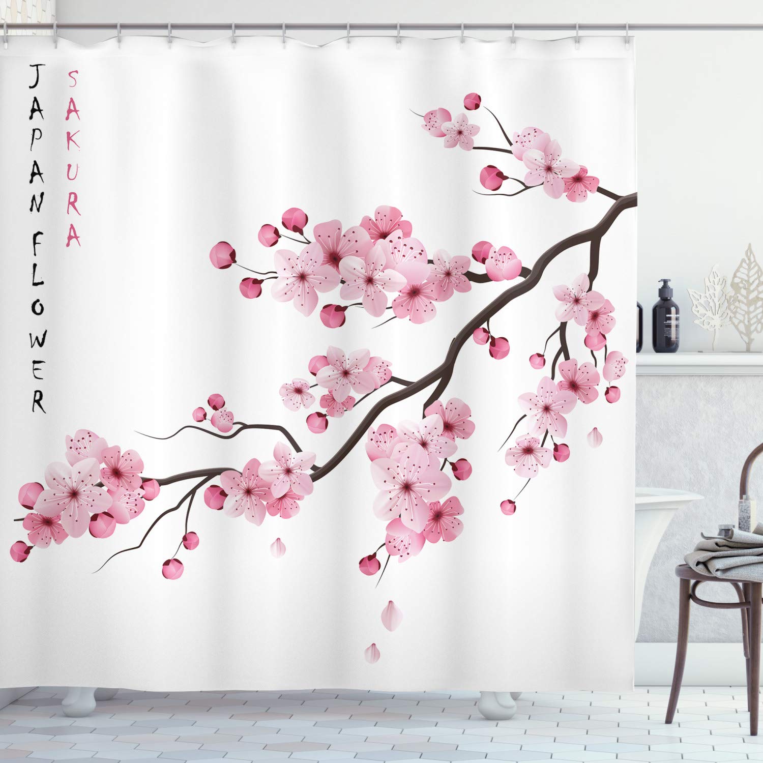 ABAKUHAUS Asian Shower Curtain, Illustration of Japanese Cherry Branches with Blooming Flowers Spring Themed Boho Art, Cloth Fabric Bathroom Decor Set with Hooks, 175 x 240 cm, White Pink