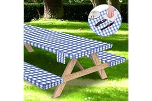 WRAKUS Fitted Picnic Table Cover with Bench Covers Vinyl Waterproof Elastic Edges Fitted Rectangle Tables Patio Tablecloth Camping Gear and Essentials Rv Accessories Road Trip Supplies Car Travel Must Haves