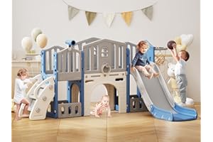 KORIMEFA 8 in 1 Toddler Slide Set, Kids Slide for Toddlers Age 1-3, Toddler Climber Slide PlaySet with Basketball Hoop and Ball, Outdoor Indoor Kids Playground for Toddlers 1-3, Blue Grey