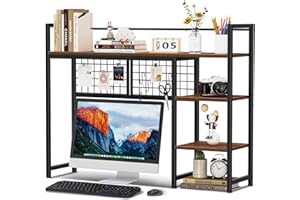 Snughome Desk Shelf, 38.6" Desktop Organizer Shelf, Desk Hutch for Computer Monitor, 4 Tier Desk Display Rack with Pegboard Hooks Set, Wood Desktop Bookshelf for Home Office Dorm, Black
