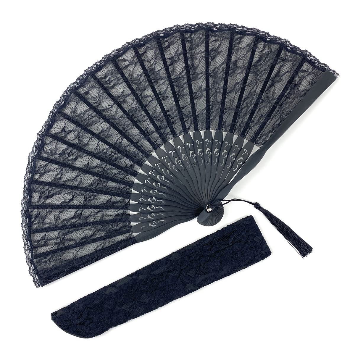 Eastern Wind Black lace hand folding fan, handheld foldable rave fan 8.5in