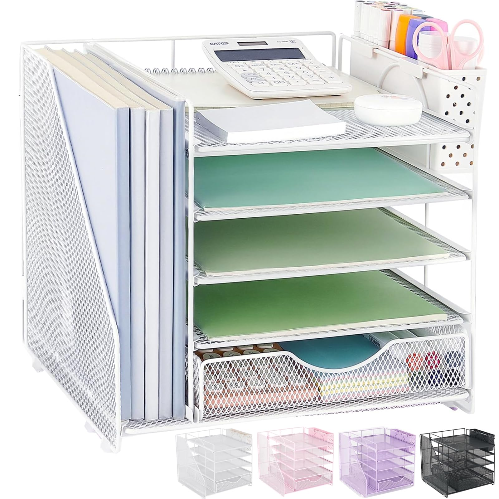 Photo 1 of OUTIOE Desk Organizer with Drawer and Pen Holder, 5-Tier Paper Letter Tray Organizer with File Holder, Suitable for Workspace Organizer Office Supplies Storage (White)