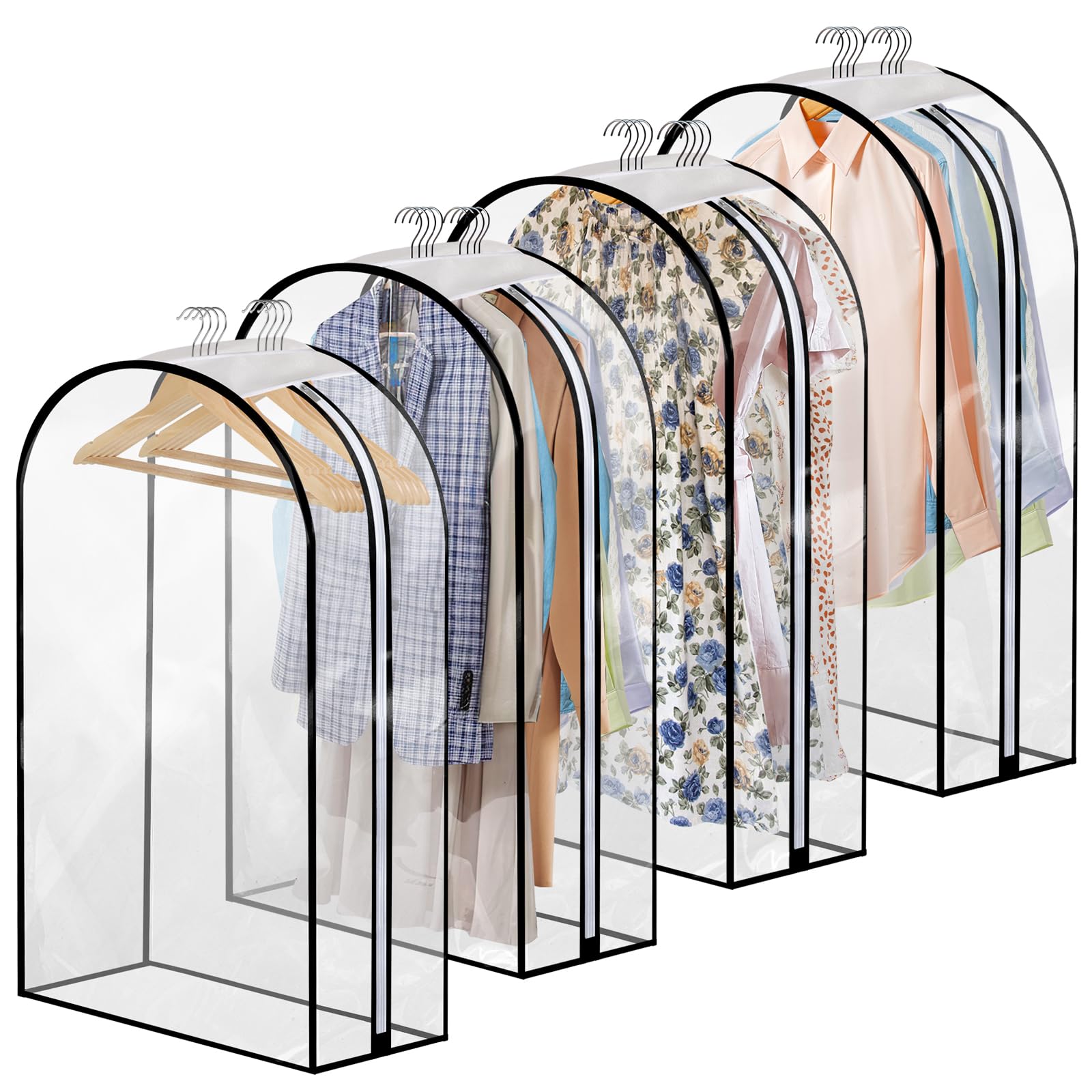 4 Pack Full Clear Garment Bags with Side Zipper, 40" Clothes Covers with 10" Gusset, Transparent Hanging Suit & Coat Covers for Closet Storage, Jackets, Dresses, Windbreakers