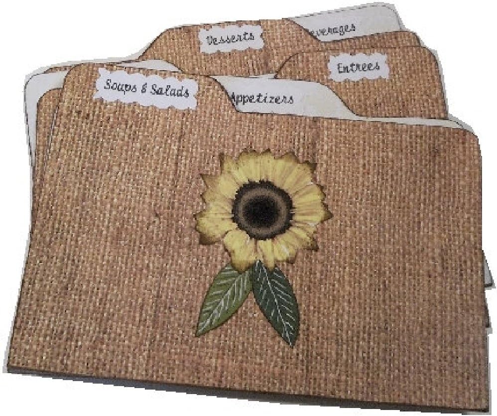 Recipe Box Tab Dividers, Sunflower, Burlap and Lace Tabbed Dividers , 4.5 x 6 (6 x 4.5) Set of (6) STURDY Chipboard, Made to Order,