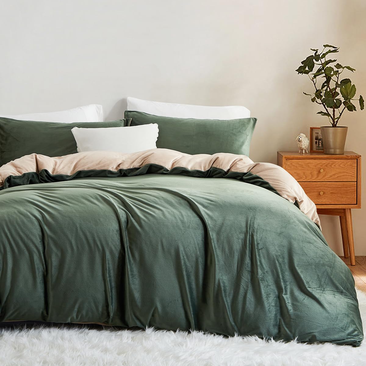 Lanqinglv Warm Duvet Cover Set King Size Green Beige Velvet Flannel Cozy Thick Bedding Set,1 Fleece Winter Quilt Cover with Zipper Closure and 2 Pillowcases 50x75cm — image 1