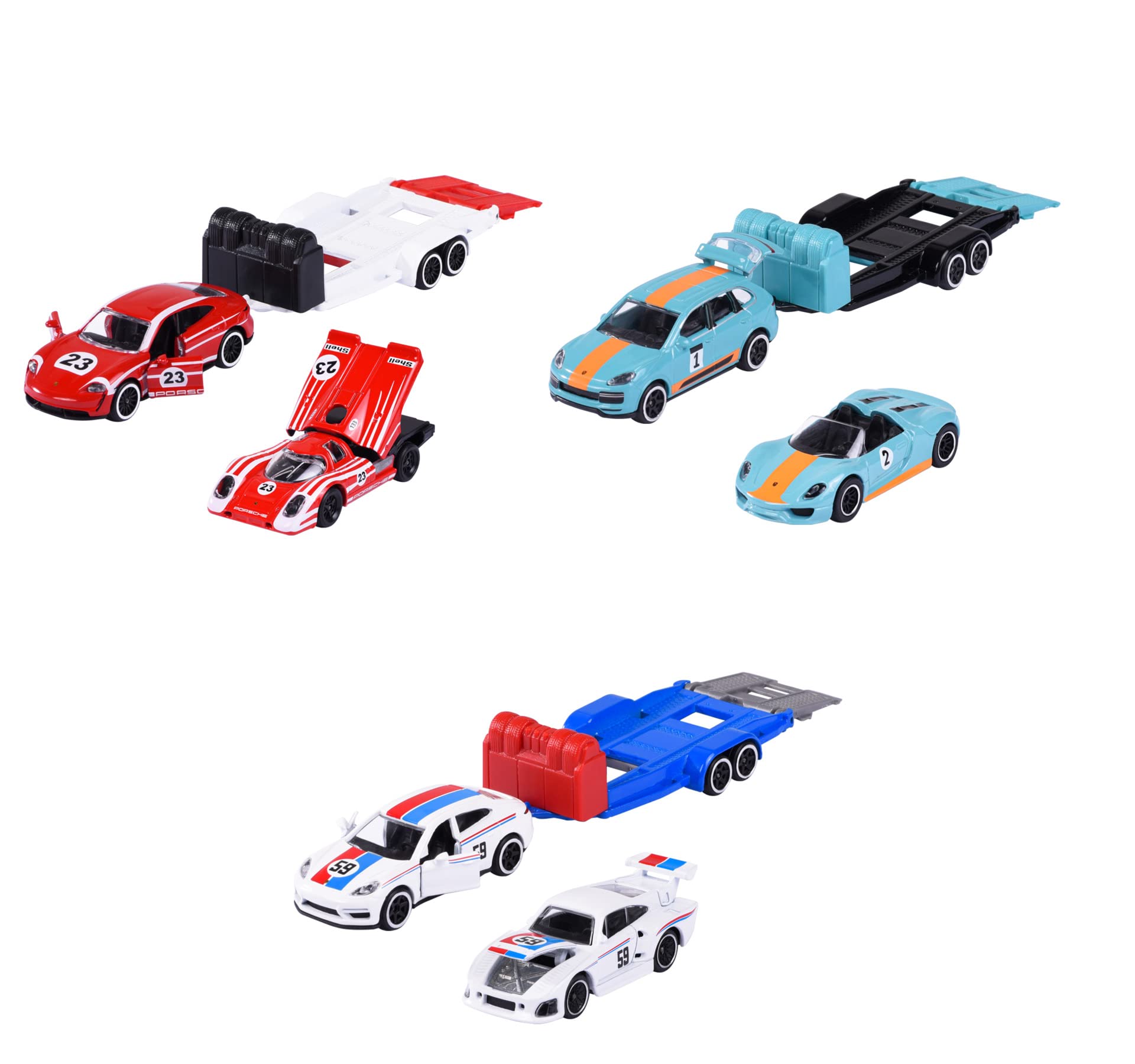 Majorette - PORSCHE RACE TRAILER SET (3 Vehicles) - 2 Toy Cars & 1 Trailer (3 Variants, Random Selection), Toy for Children from 3 Years
