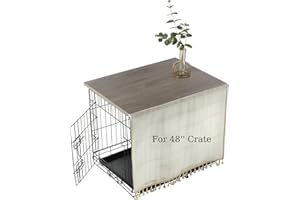 VIE DE AMAN Dog Crate Topper Wood for 48 42 36 24 inch Cages, Dog Crate Table Topper with Tassel Curtain, Rustic Style Dog Kennel Topper, Oak Grey(Dog Crate Not Include)
