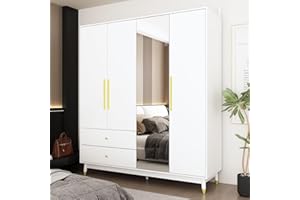 MOUMON 4-Door Wardrobe with Mirror & 2 Drawers, Armoire Wardrobe Closet with 2 Hanging Rods, Armoire Closet with Wooden Legs, Closet for Bedroom White (63”W x 18.9”D x 70.9”H)